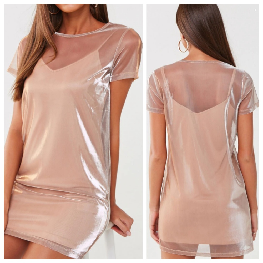 NWT Sheer Metallic Mesh Rose Gold T-Shirt Dress